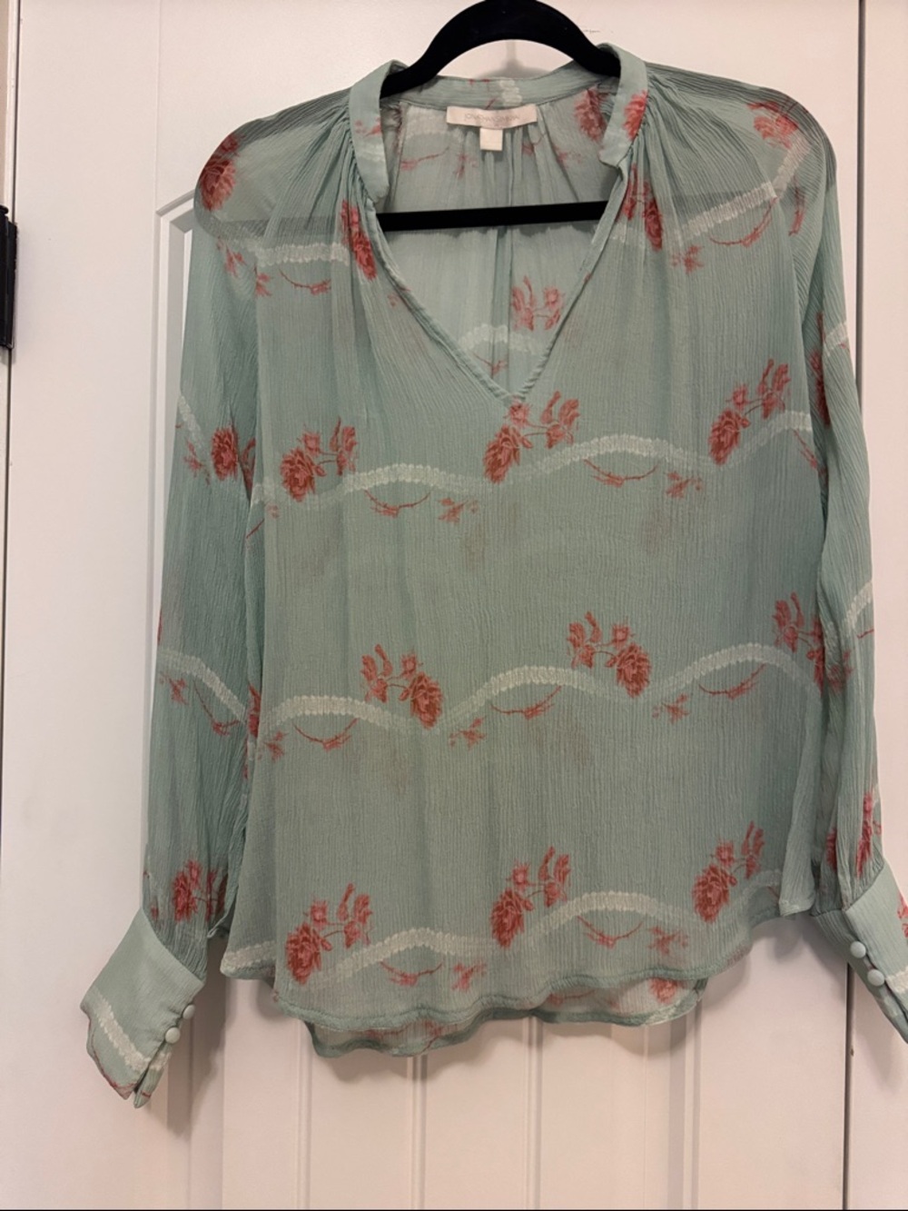 Jonathan Simkhai Mint Green Sheer Floral V-Neck Blouse with Coral Roses